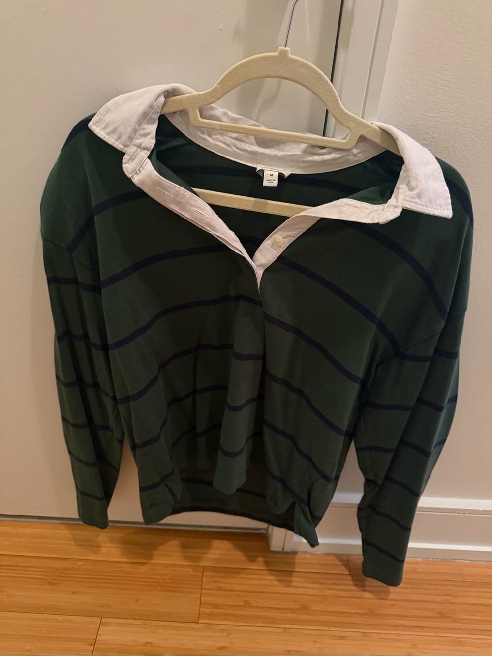 J. Crew Factory Green and Navy Striped Rugby Sweater